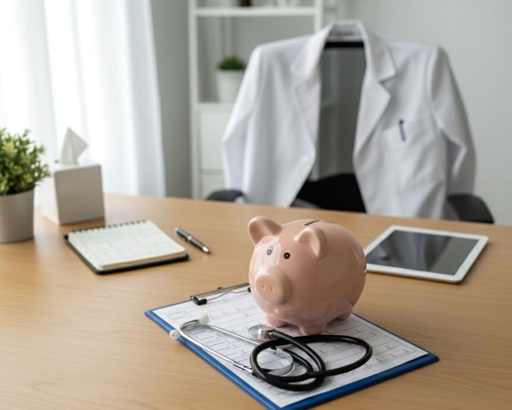 Imagem de uma secretária de consultório médico com um mealheiro rosa em primeiro plano, sobre uma prancheta com um estetoscópio e um formulário. Ao fundo, está uma cadeira com uma bata branca.